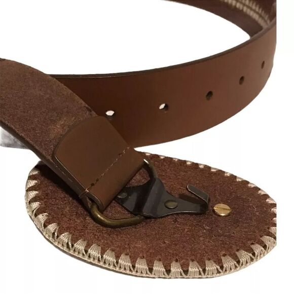 Western Belt Brown Beige Leather Adjustable Hook Eye Embroidered 36-40 - Picture 4 of 5